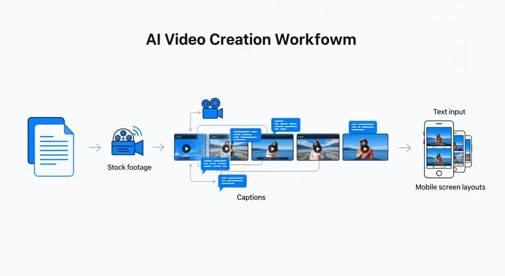 AI video creation process diagram showing text input transforming into short video content