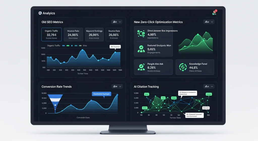 Analytics dashboard comparing traditional SEO metrics with new zero-click search performance indicators