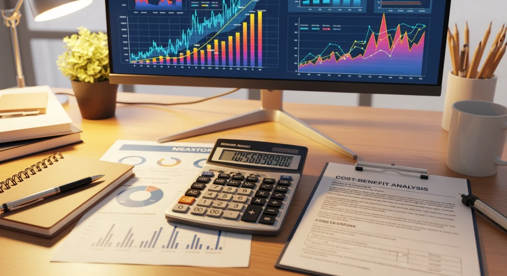 Calculator and financial charts showing cost savings and ROI metrics for AI implementation