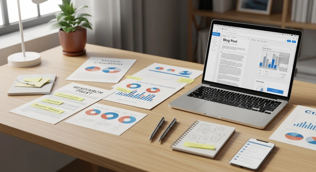 Content marketing workspace showing blog writing process with research citations and data