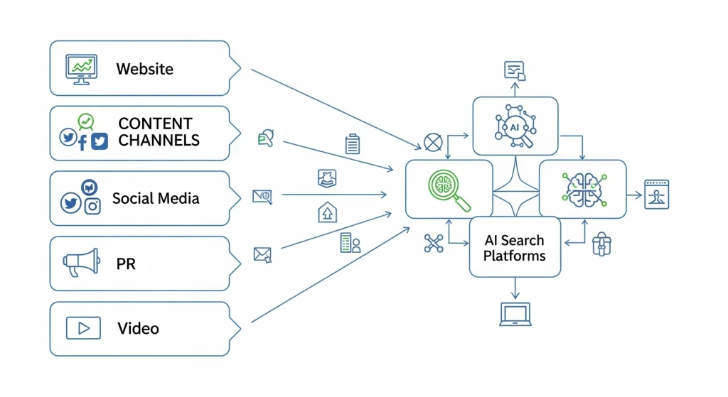 Content strategy diagram showing different channels feeding into AI search visibility