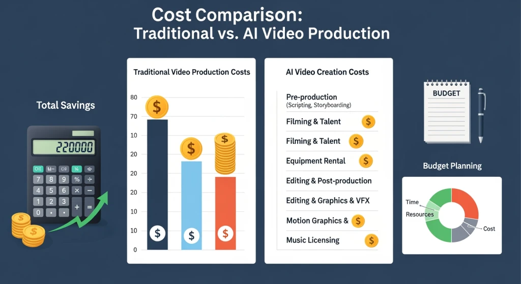 Cost comparison chart showing traditional video production versus AI video creation expenses