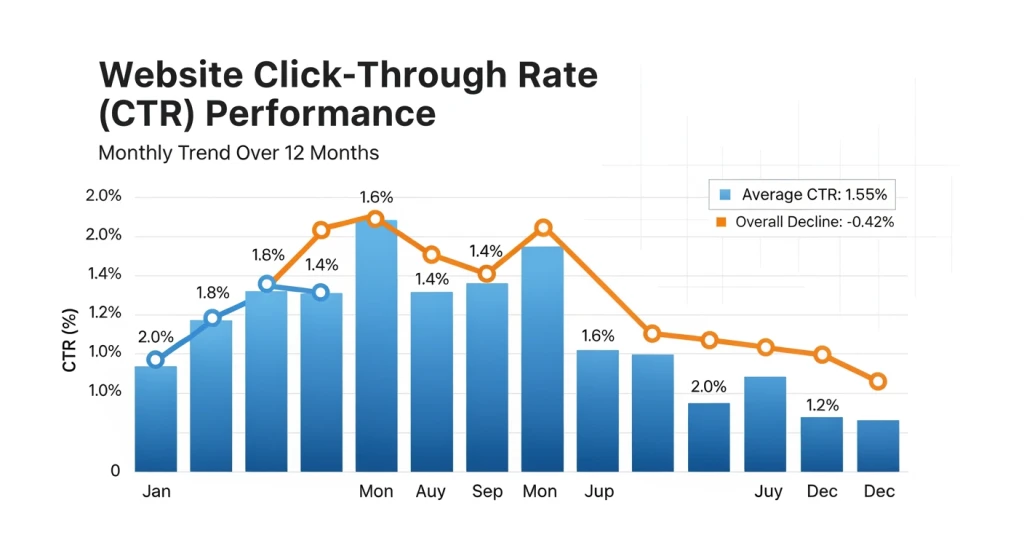 Graph showing declining click-through rates when AI overviews appear in search results