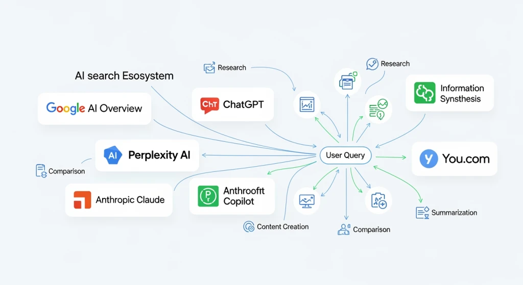 Infographic visualization of AI search ecosystem showing Google AI Overview, ChatGPT, Perplexity and other AI search platforms connected with user journey flows