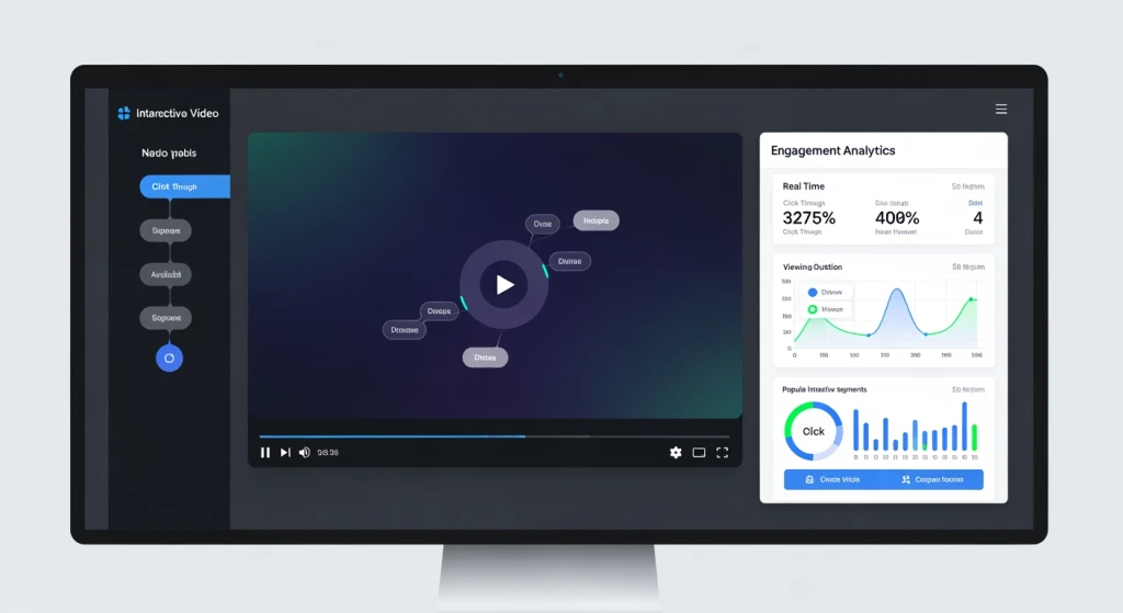 Interactive video interface showing clickable elements, branching paths, and engagement features on computer screen