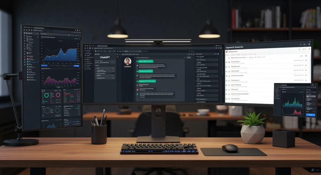 KI-SEO Tools Setup 2025 - Verschiedene AI-Anwendungen auf Bildschirmen