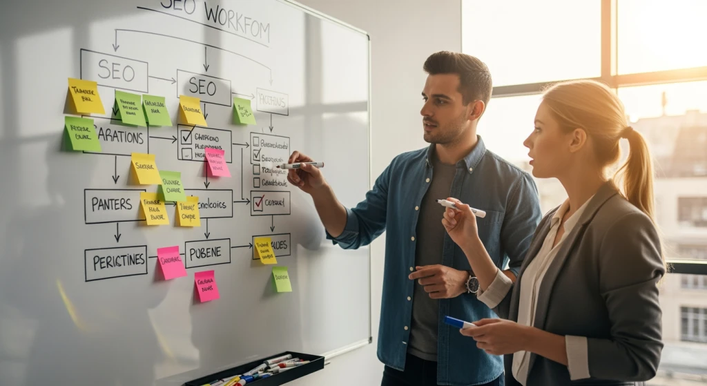 KI-SEO Workflow - Team arbeitet gemeinsam an SEO-Strategie mit Checkliste