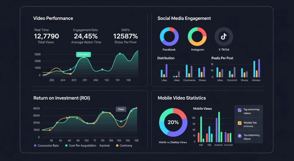 Marketing dashboard showing video performance metrics and social media engagement statistics