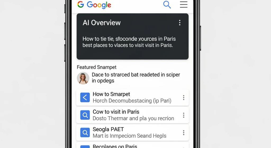 Mobile phone displaying Google search results with AI-generated answers and featured snippets above organic listings