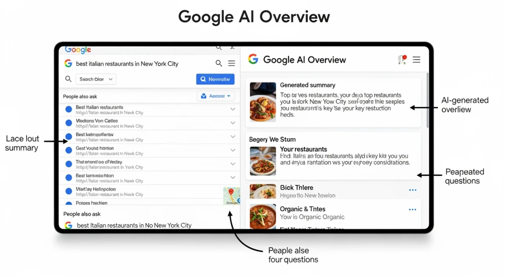 Split screen comparison showing traditional Google search results versus AI Overview enhanced search results with highlighted differences