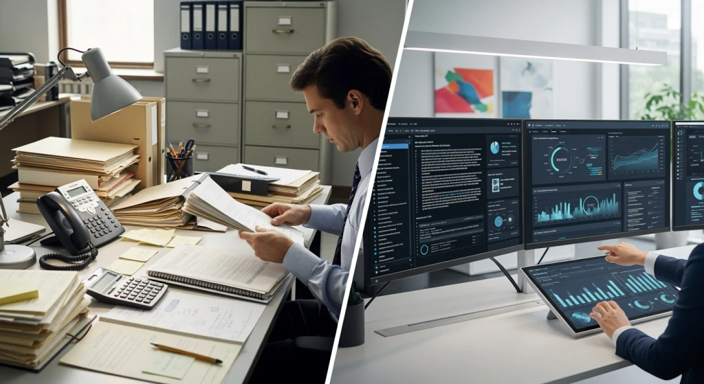 Split screen showing traditional office tasks versus AI-assisted workflow automation