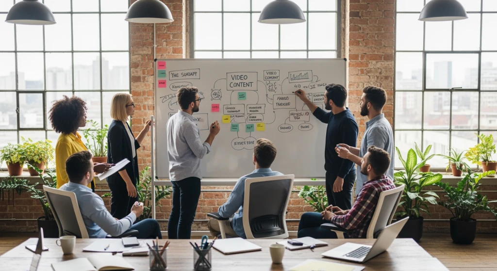 Startup-Team bei Brainstorming-Session mit Whiteboard voller Video-Content-Ideen und Use-Cases