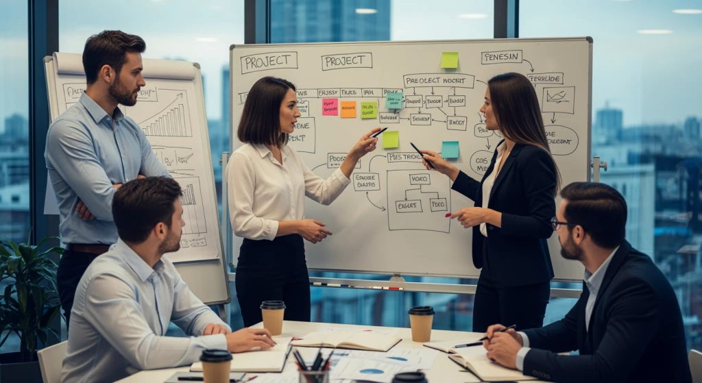 Team-Meeting mit Whiteboard und KI-Implementierungsplan in KMU-Büro