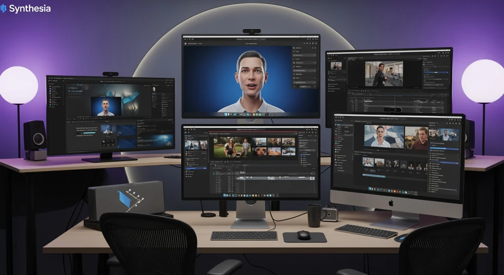 Verschiedene KI-Video-Tools auf Computer-Bildschirmen