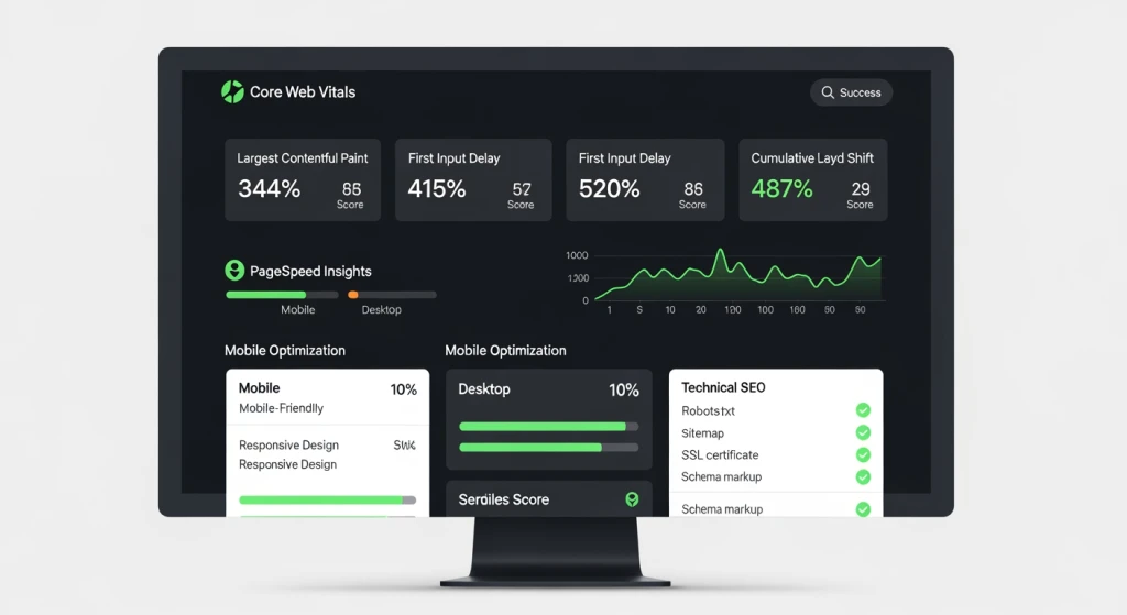 Website performance dashboard showing Core Web Vitals metrics, page speed scores, and mobile optimization indicators