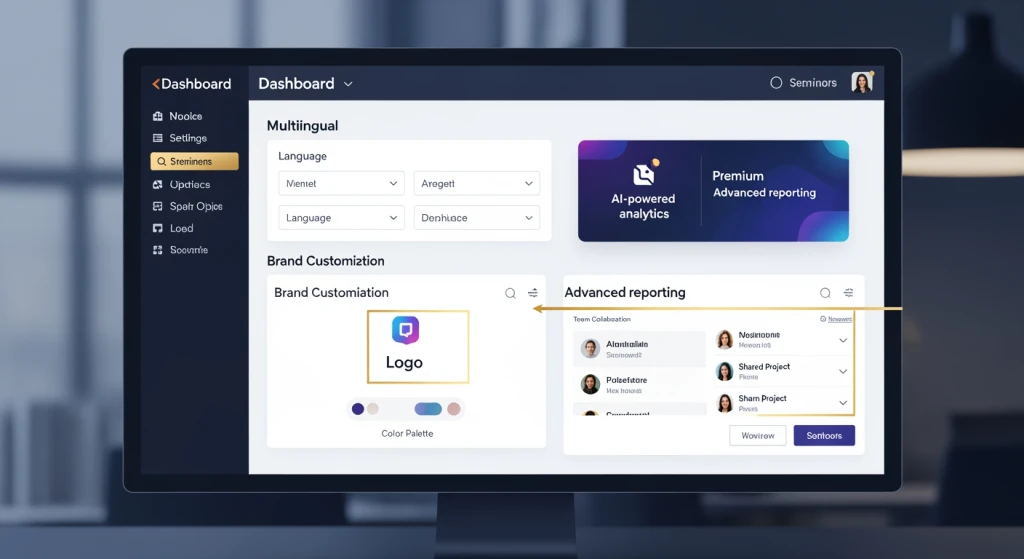 Advanced AI video features including multilingual avatars, custom branding, and team collaboration tools