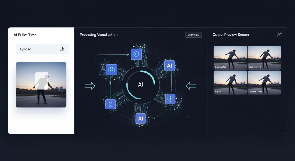 AI bullet time generation interface showing upload, processing, and output workflow