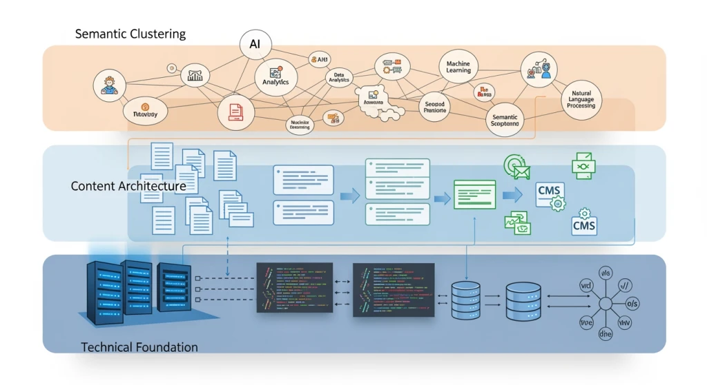AI content optimization framework showing technical foundation, content architecture, and semantic clustering layers