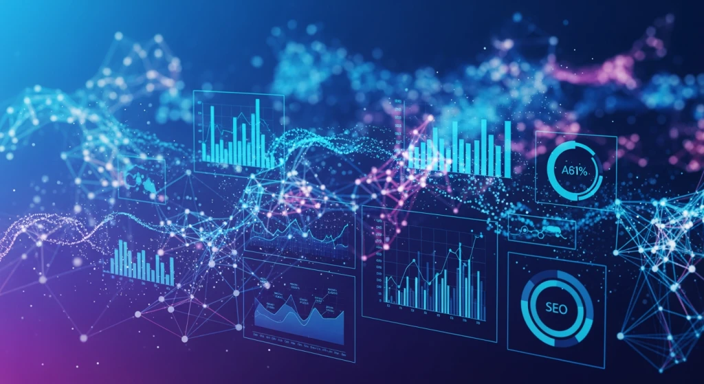 AI-powered SEO analysis visualization with data charts and artificial intelligence elements