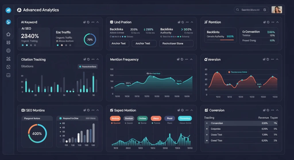AI SEO metrics dashboard showing citation frequency and AI mentions tracking
