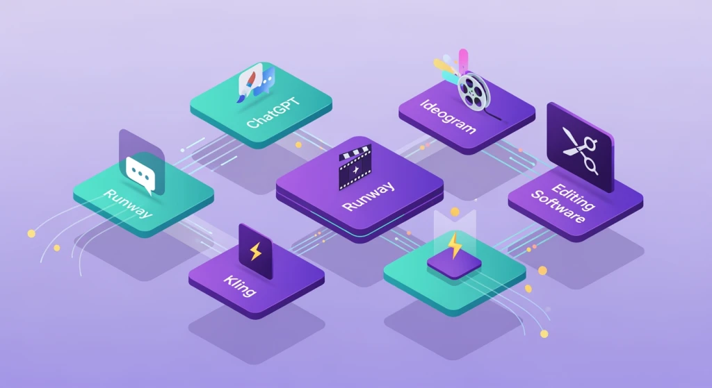 AI video production tool stack showing 5-7 specialized platforms and their connections