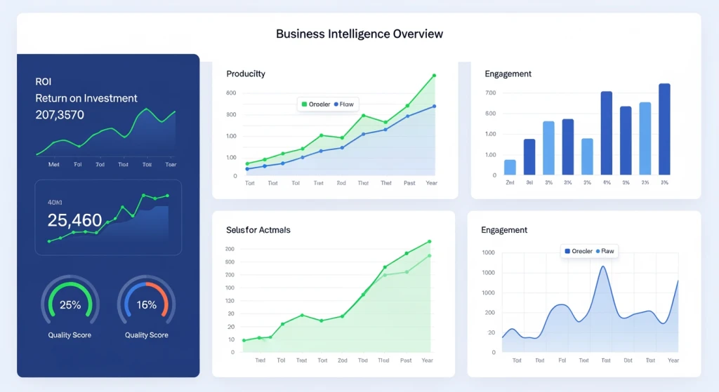 Analytics dashboard showing content quality metrics including net productivity and engagement value over time