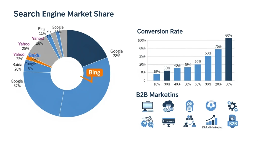 Bing vs Google search market share comparison with B2B conversion rate statistics