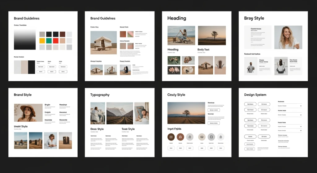 Brand style guide mockup showing color palettes, typography standards, and visual consistency guidelines for content teams