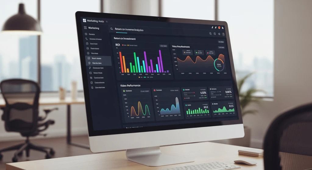 Business analytics dashboard displaying video marketing ROI metrics and performance data