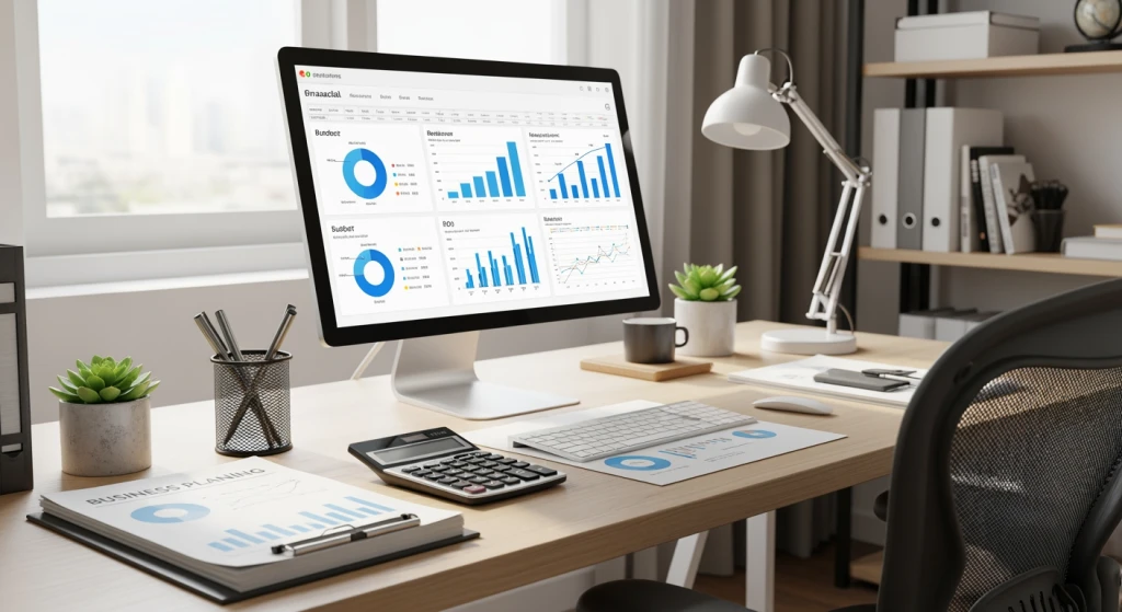 Calculator and financial charts showing ROI calculations and budget planning for AI implementation in small to medium businesses