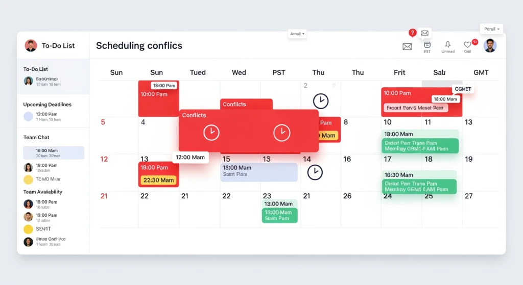 Calendar grid showing scheduling conflicts and coordination complexity for team photoshoots across multiple time zones