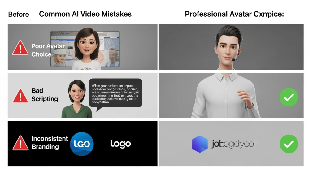 Common AI video creation mistakes showing poor quality examples vs professional results