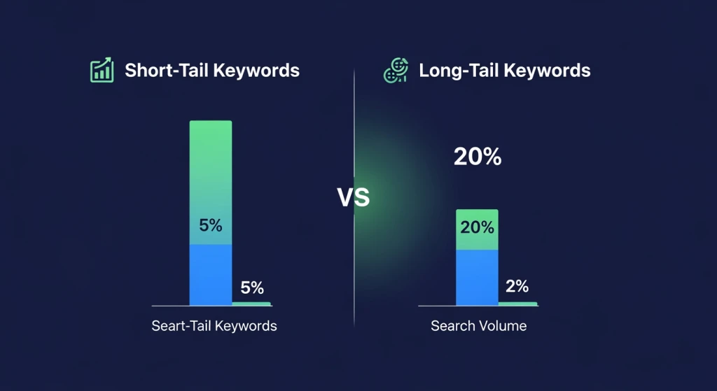 Comparison chart showing short-tail versus long-tail keyword search volumes and conversion rates
