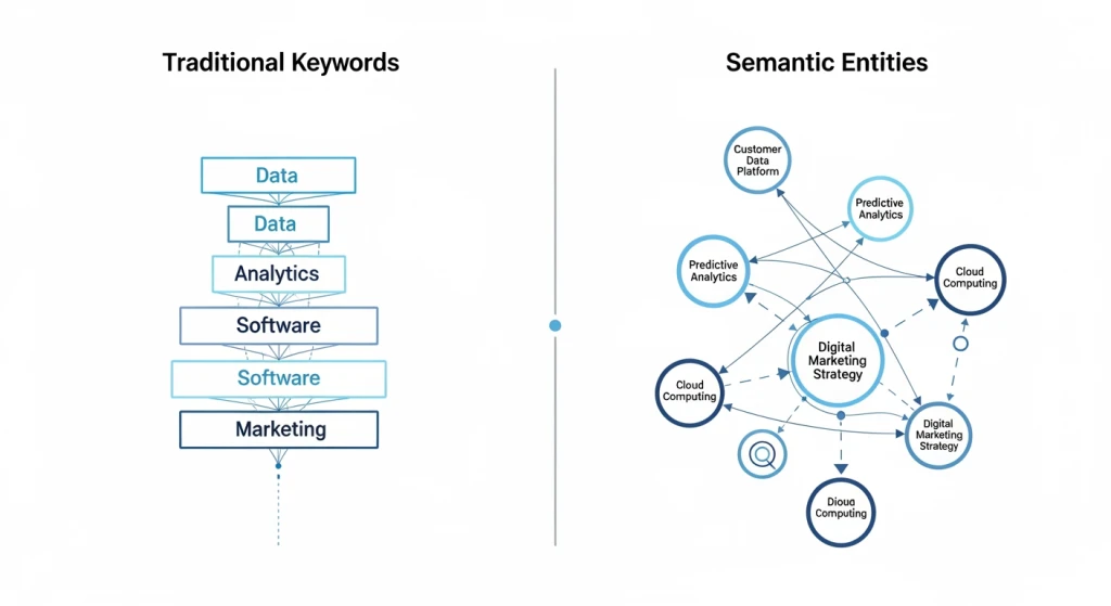 Comparison diagram showing traditional keyword-focused SEO versus semantic entity-based SEO approach with connected concept bubbles