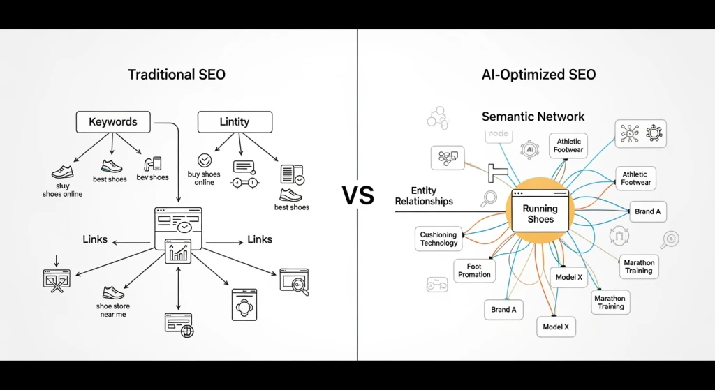Comparison diagram showing traditional SEO versus AI-optimized SEO approaches with semantic understanding and entity relationships