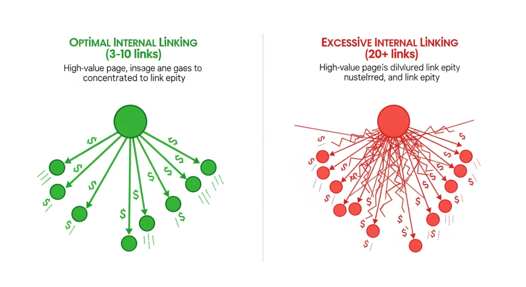 Comparison of optimal vs excessive internal linking showing link equity dilution
