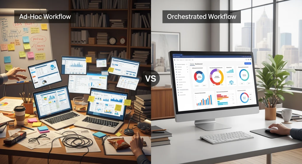 Comparison visualization of ad-hoc versus orchestrated AI video production workflows