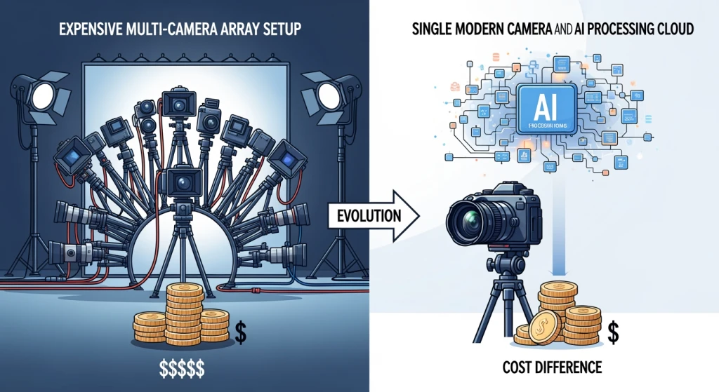 Comparison visualization of traditional multi-camera setup versus modern AI bullet time creation