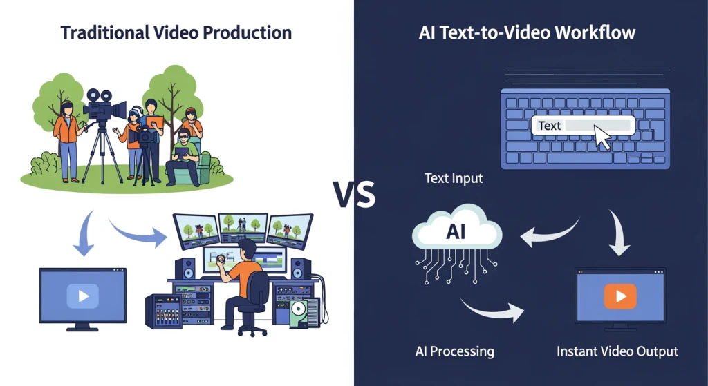 Comparison visualization of traditional video production workflow versus AI-powered text-to-video workflow
