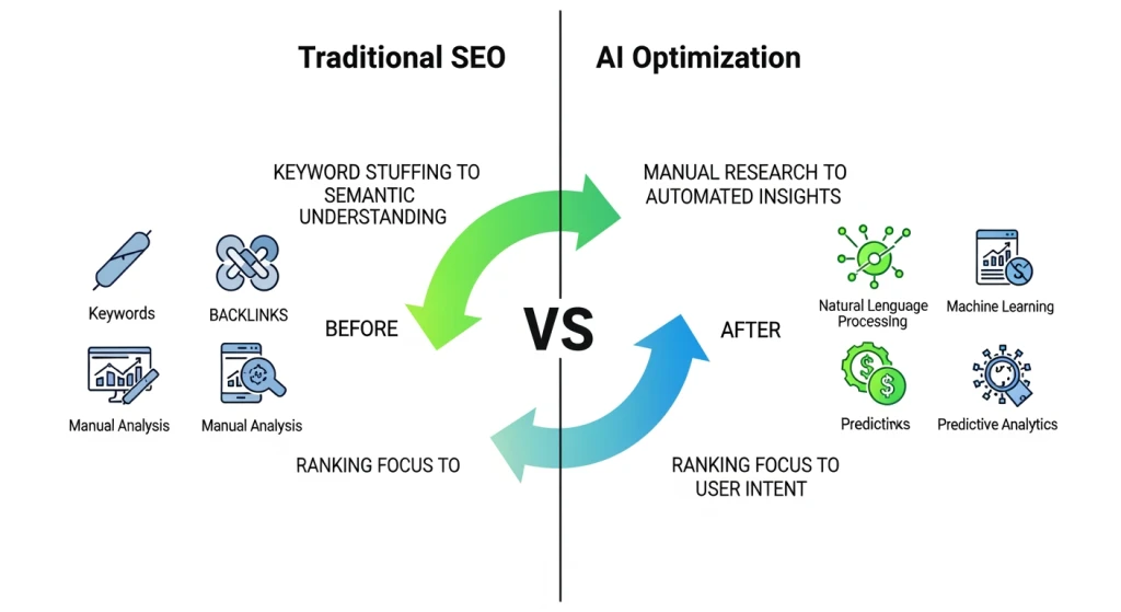 Comparison visualization showing evolution from traditional SEO to AI-optimized strategy