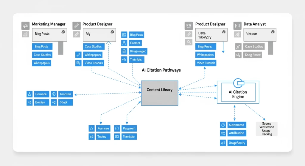 Content architecture diagram showing persona-based mapping and comprehensive content structure for AI citations