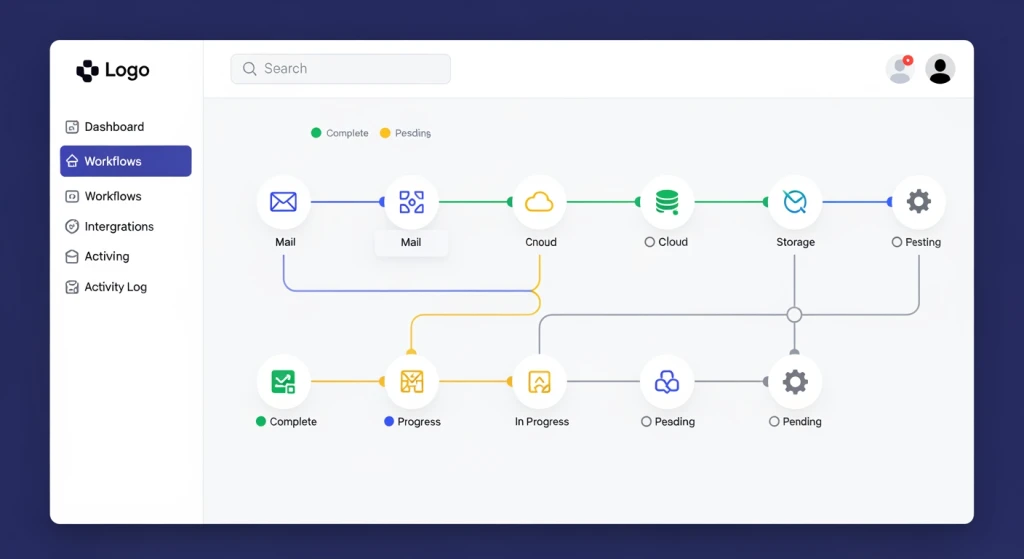 Content automation dashboard showing AI writing tools connected to project management system with task routing