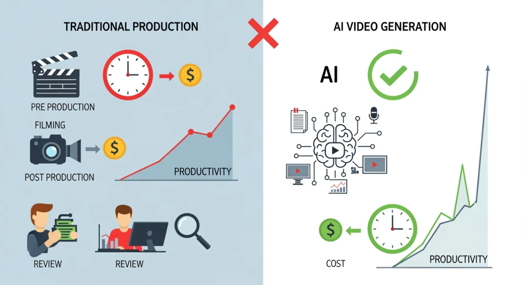 Content creator workflow comparison showing traditional video production vs AI-generated training videos with time and cost savings