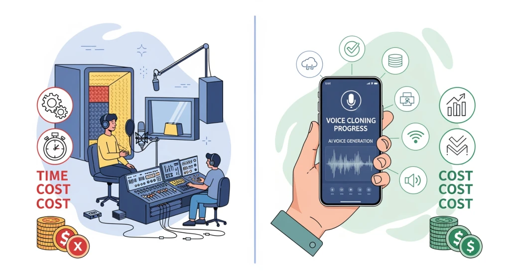 Content creator workflow comparison showing traditional voice acting vs mobile AI voice cloning productivity