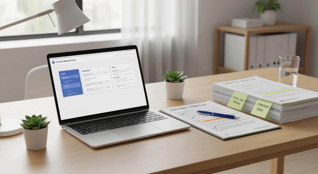 Content manager working on laptop with strategy documents and implementation checklist visible on desk