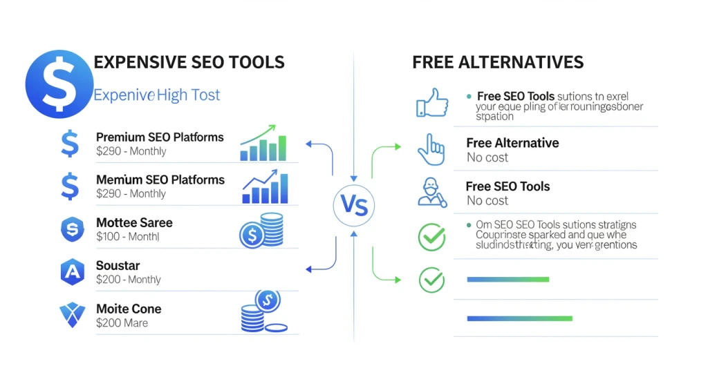 Cost comparison visualization showing expensive vs free SEO tools with savings metrics