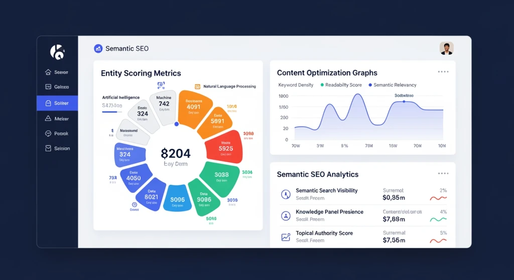 Dashboard interface mockup showing semantic SEO analysis tools with entity scores, content optimization metrics, and AI insights