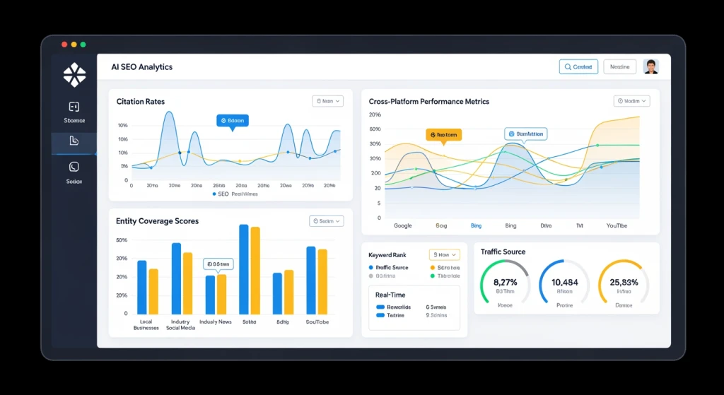 Dashboard showing AI SEO tools and analytics with performance metrics and citation tracking across multiple platforms