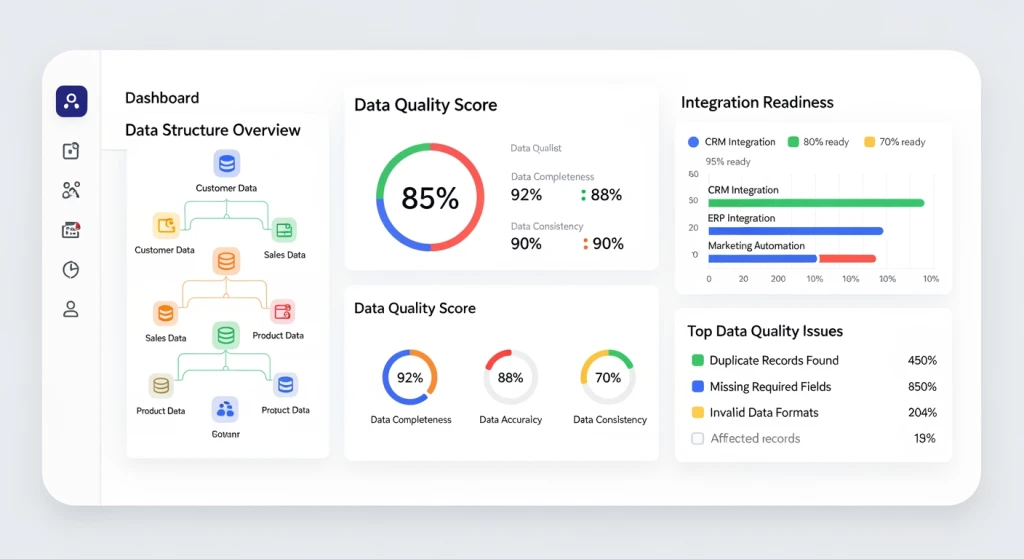 Data quality assessment dashboard showing clean organized business data ready for AI integration