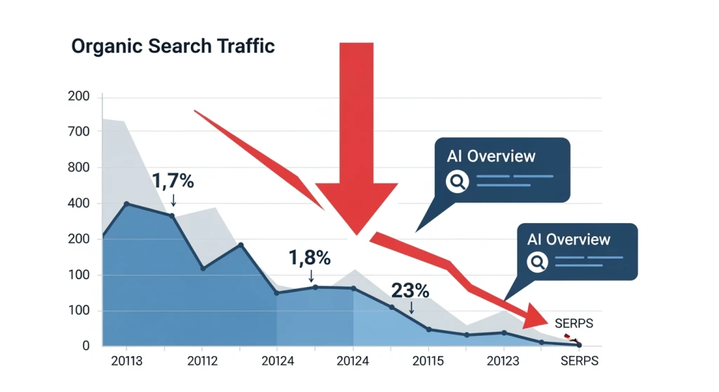 Declining organic traffic graph showing AI Overviews impact on traditional search results